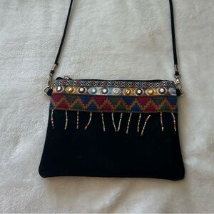 Boho Black Suede Crossbody Bag with Multicolor Beaded Trim
